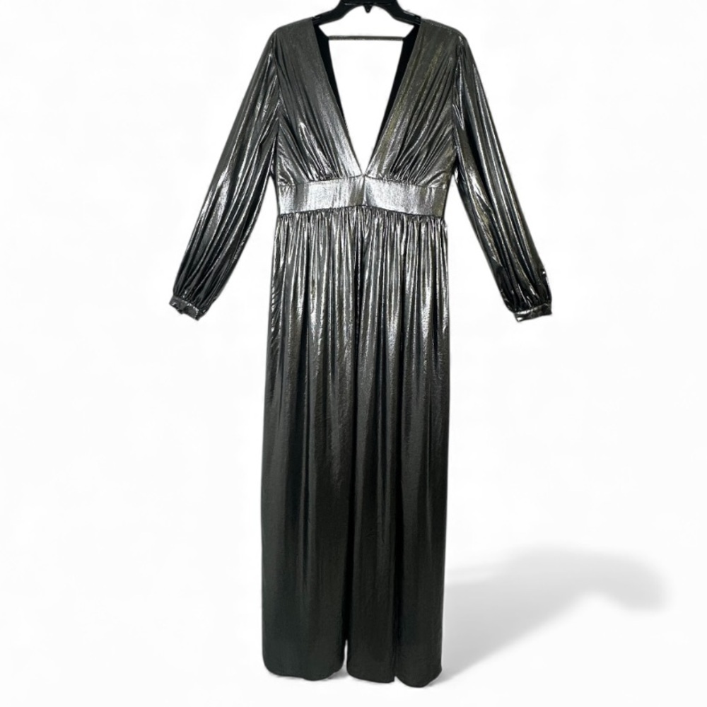 NEW Gianni Bini Zella Metallic Lame Plunging V-Back Front Slit Gown Maxi Dress - Picture 3 of 16